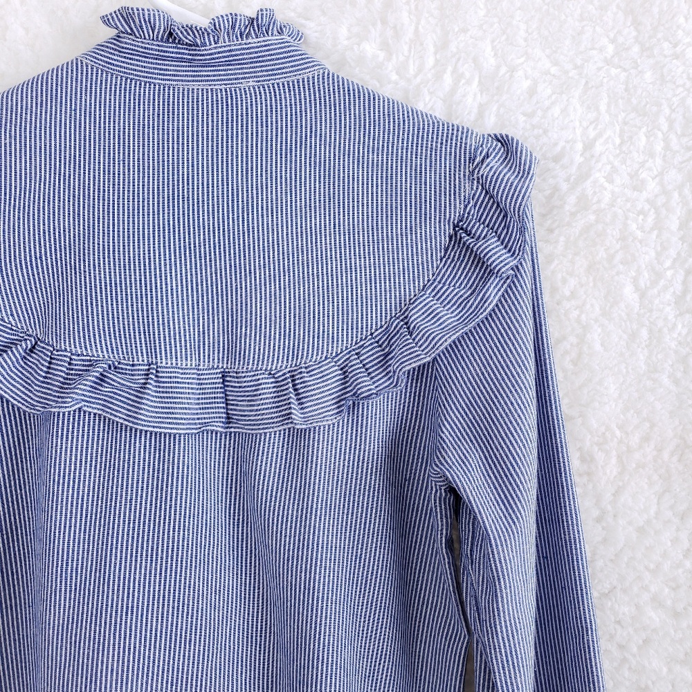 ZARA Striped Button Down Embroidered Ruffled Top - Picture 3 of 7